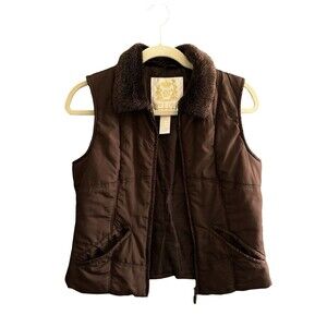 Vintage Wet Seal Dark Brown Puffer Vest Faux Fur Collar Y2K M Gorpcore READ